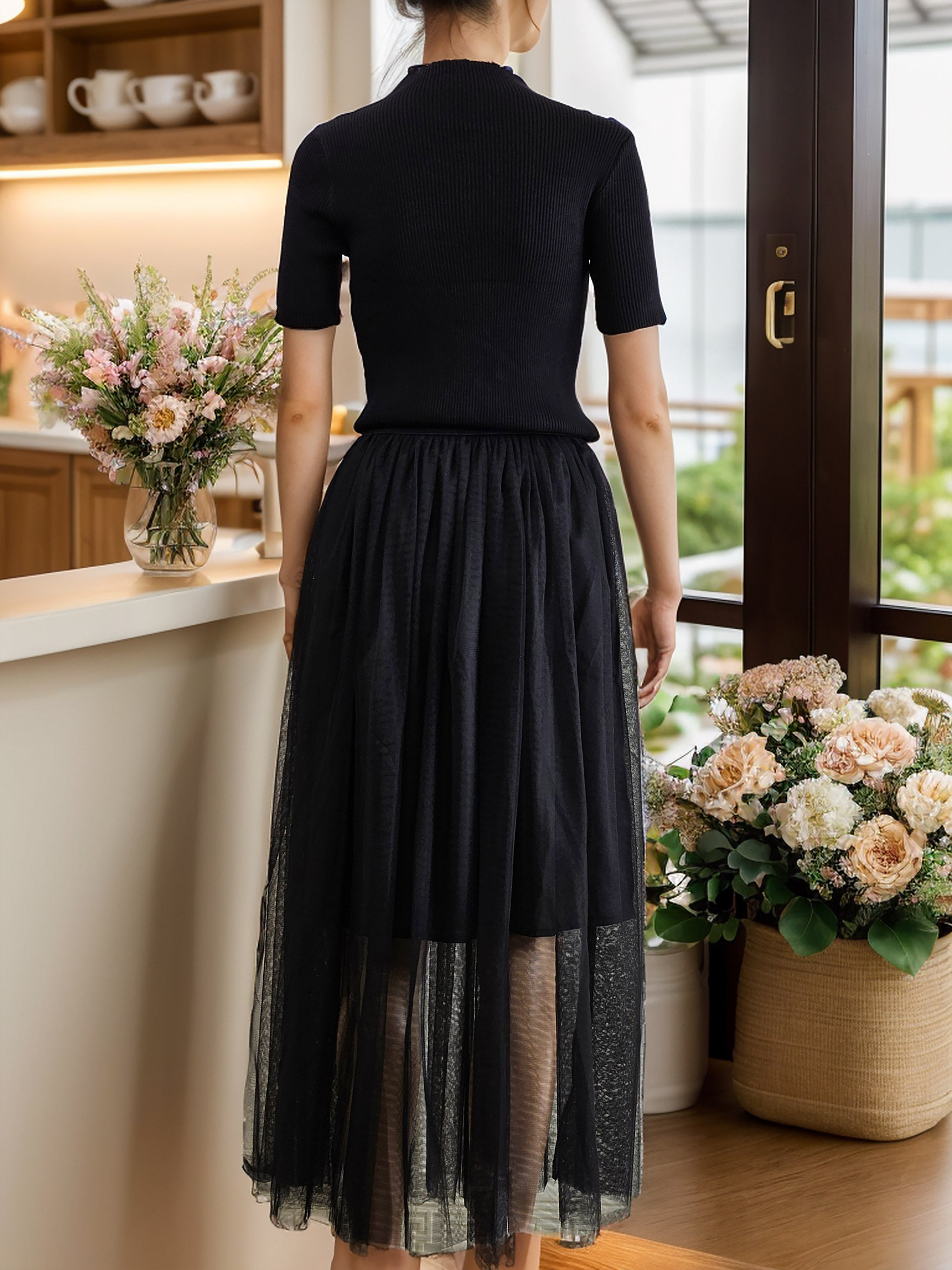 Glamorous Duo: High Waist Pleated Mesh Skirt with Short Sleeve Knit Top