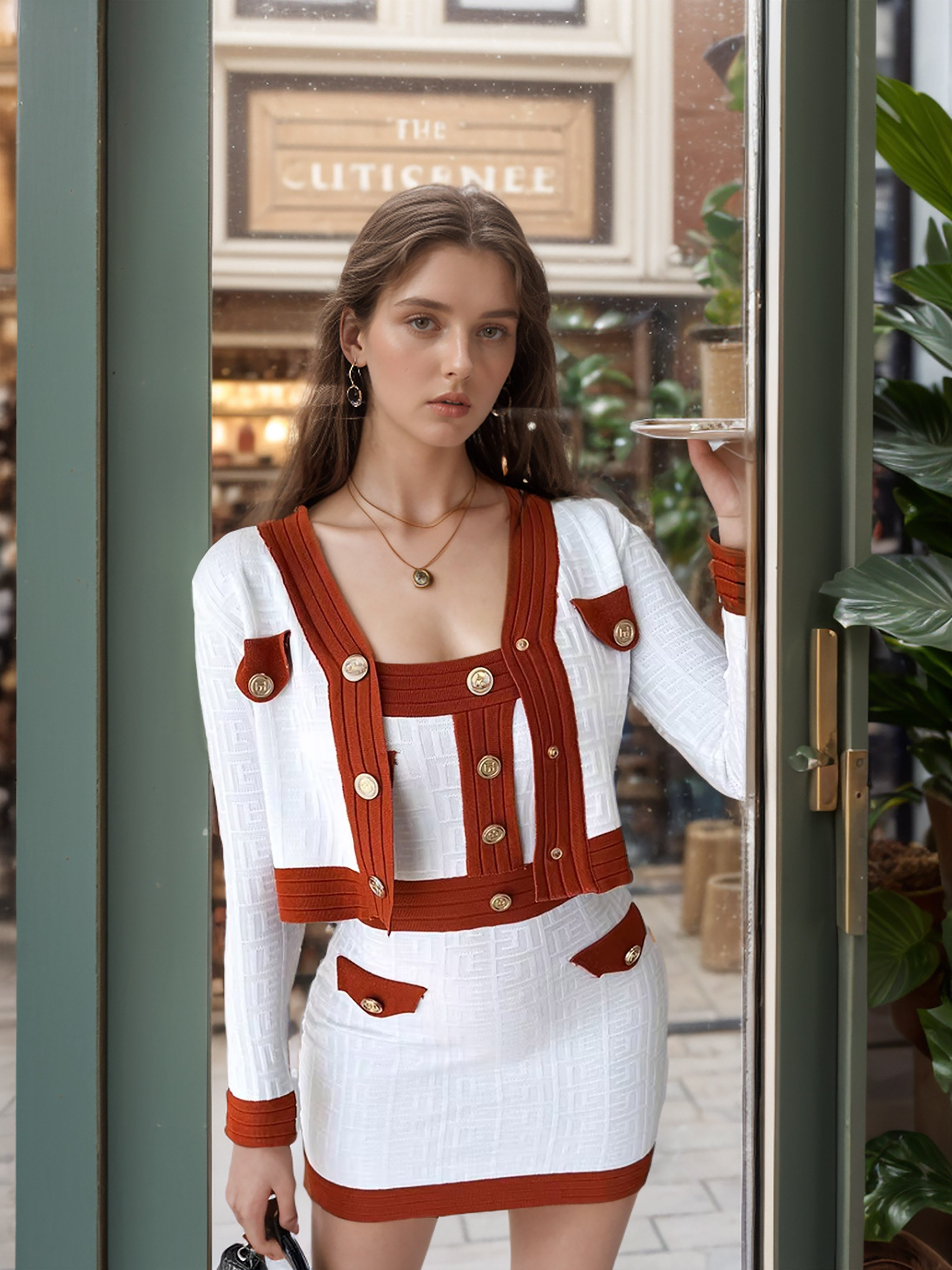 Charm in Contrast: Sleeveless Sling Dress with Short Knitted Cardigan