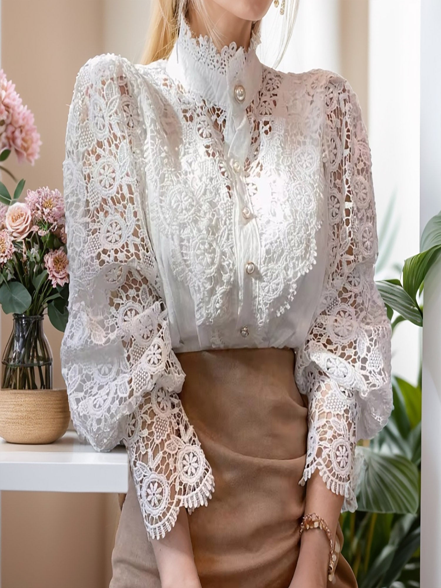 Floral Grace: Hollow Flower Lantern Sleeve Blouse with Stand Collar