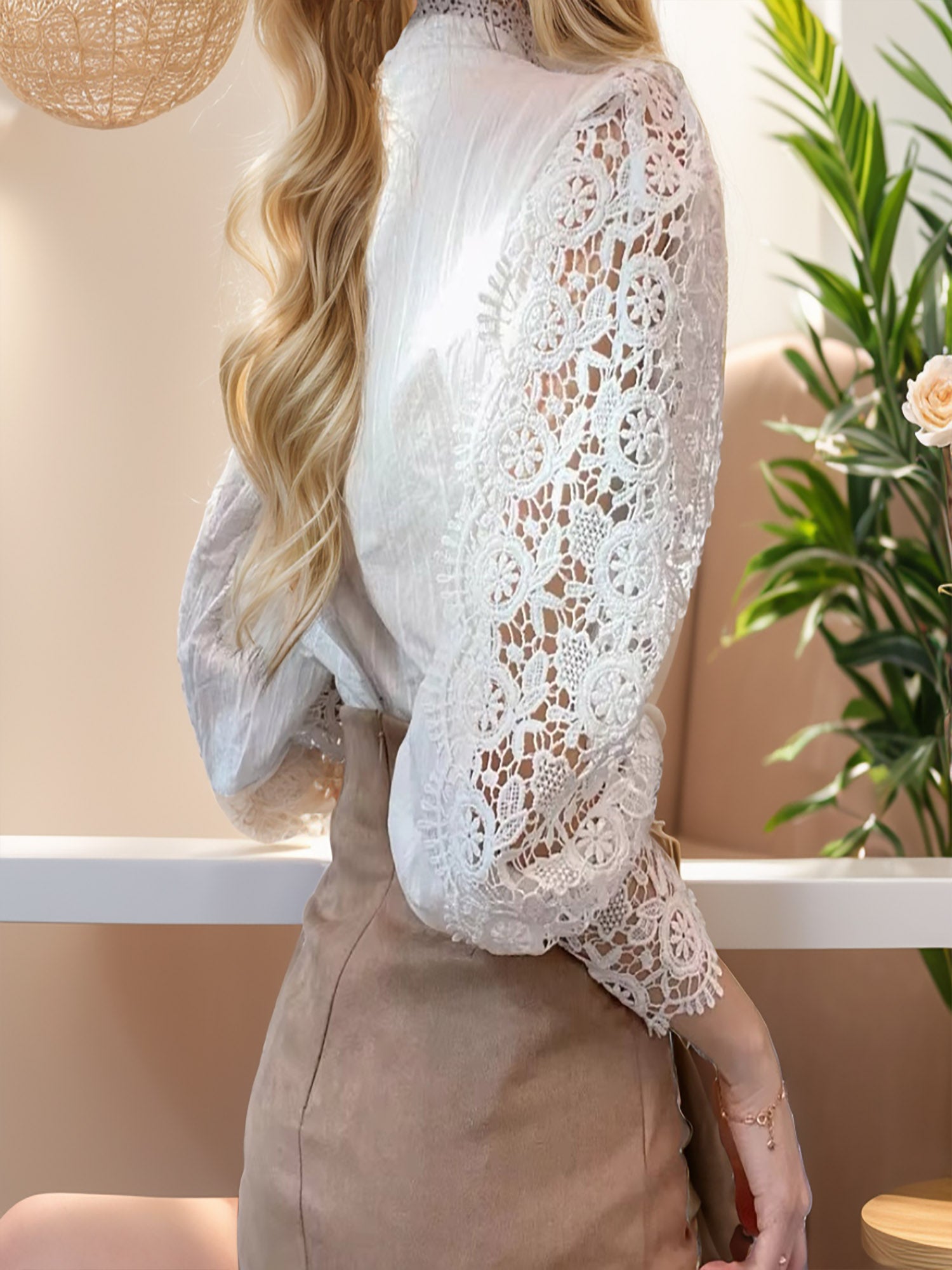 Floral Grace: Hollow Flower Lantern Sleeve Blouse with Stand Collar