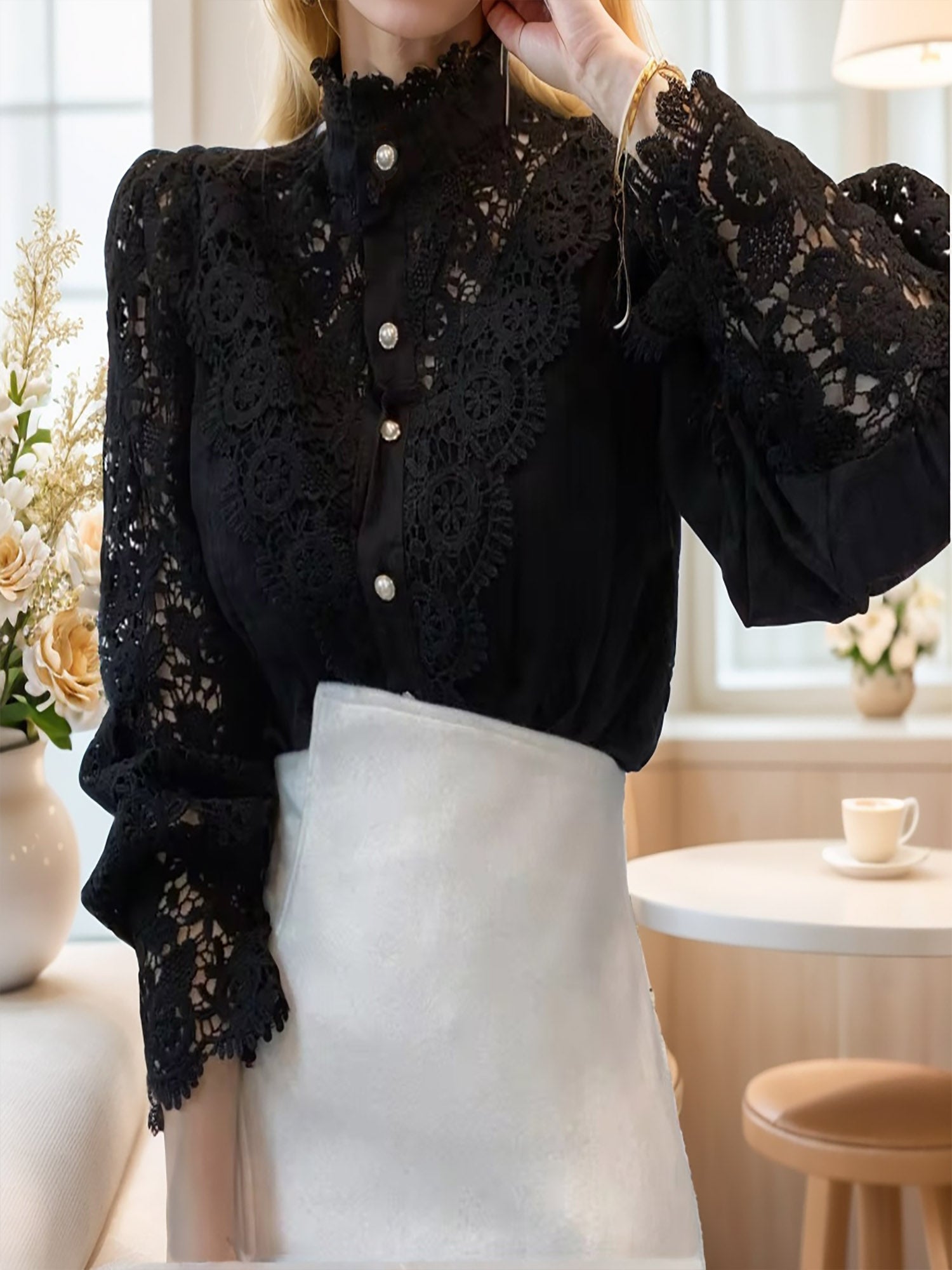 Floral Grace: Hollow Flower Lantern Sleeve Blouse with Stand Collar