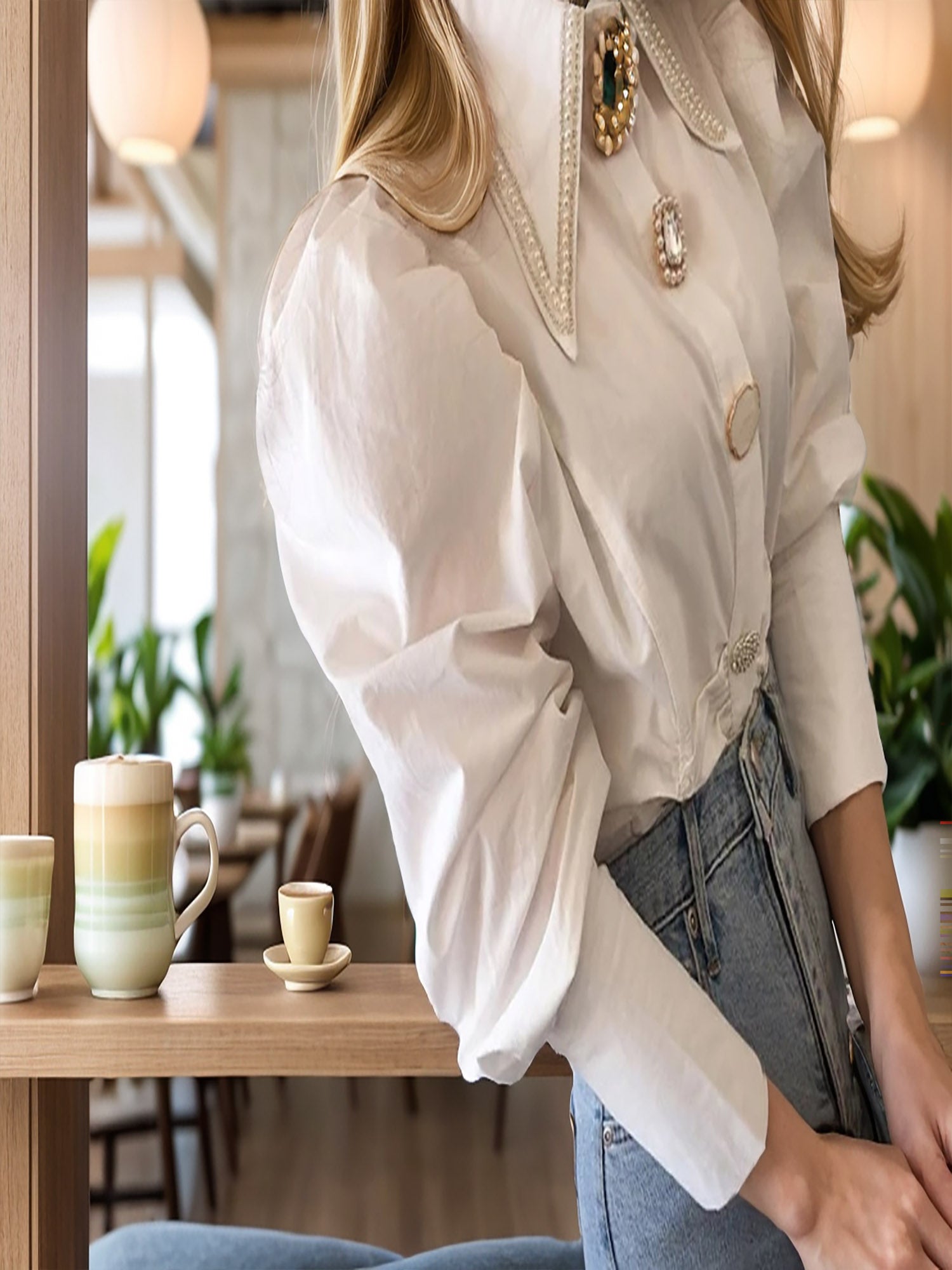 French Elegance: Single Breasted Vintage Blouse with Pleated Puff Sleeve and Rhinestones, Pearls Buttons