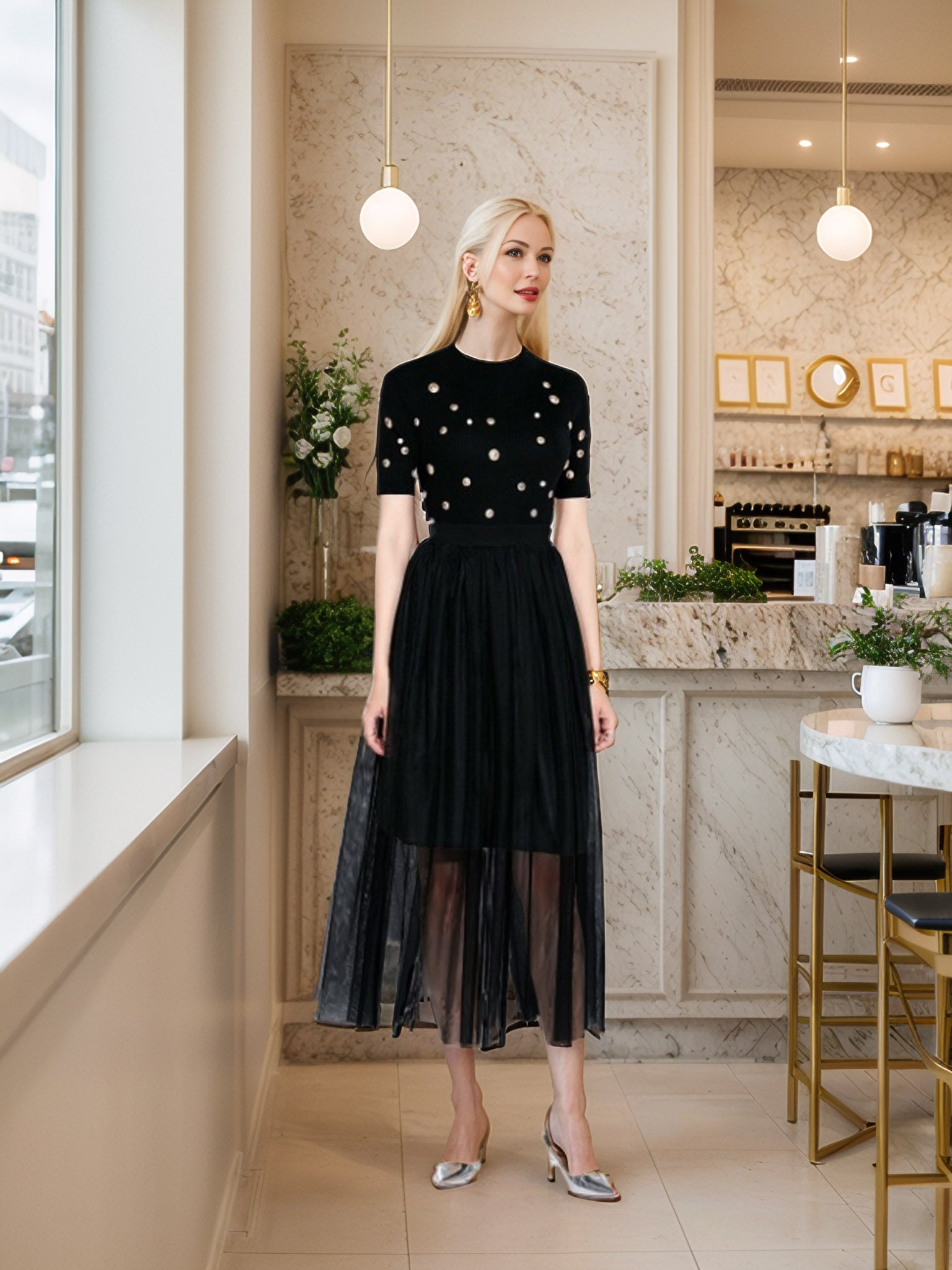 Glamorous Duo: High Waist Pleated Mesh Skirt with Short Sleeve Knit Top