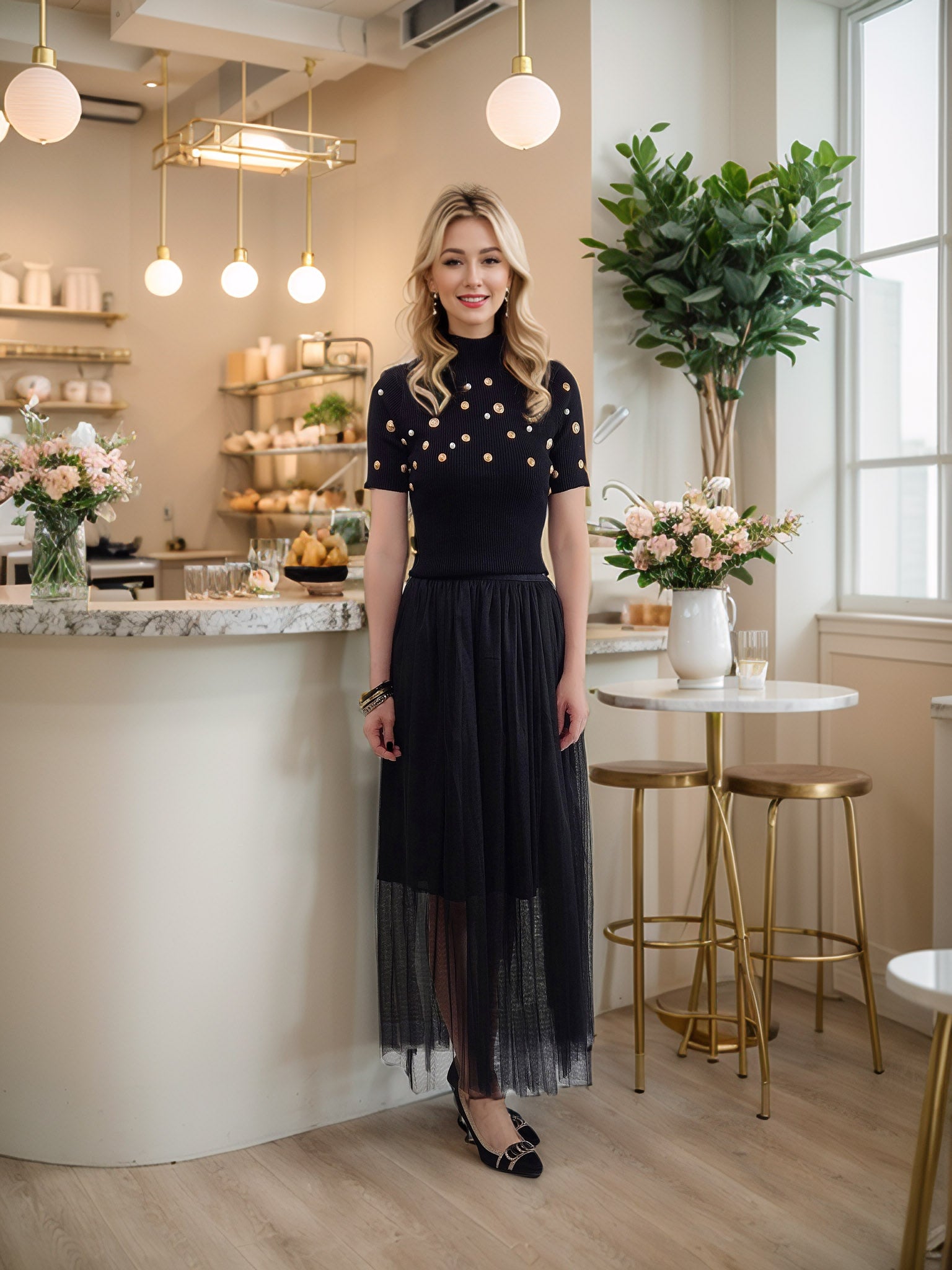 Glamorous Duo: High Waist Pleated Mesh Skirt with Short Sleeve Knit Top