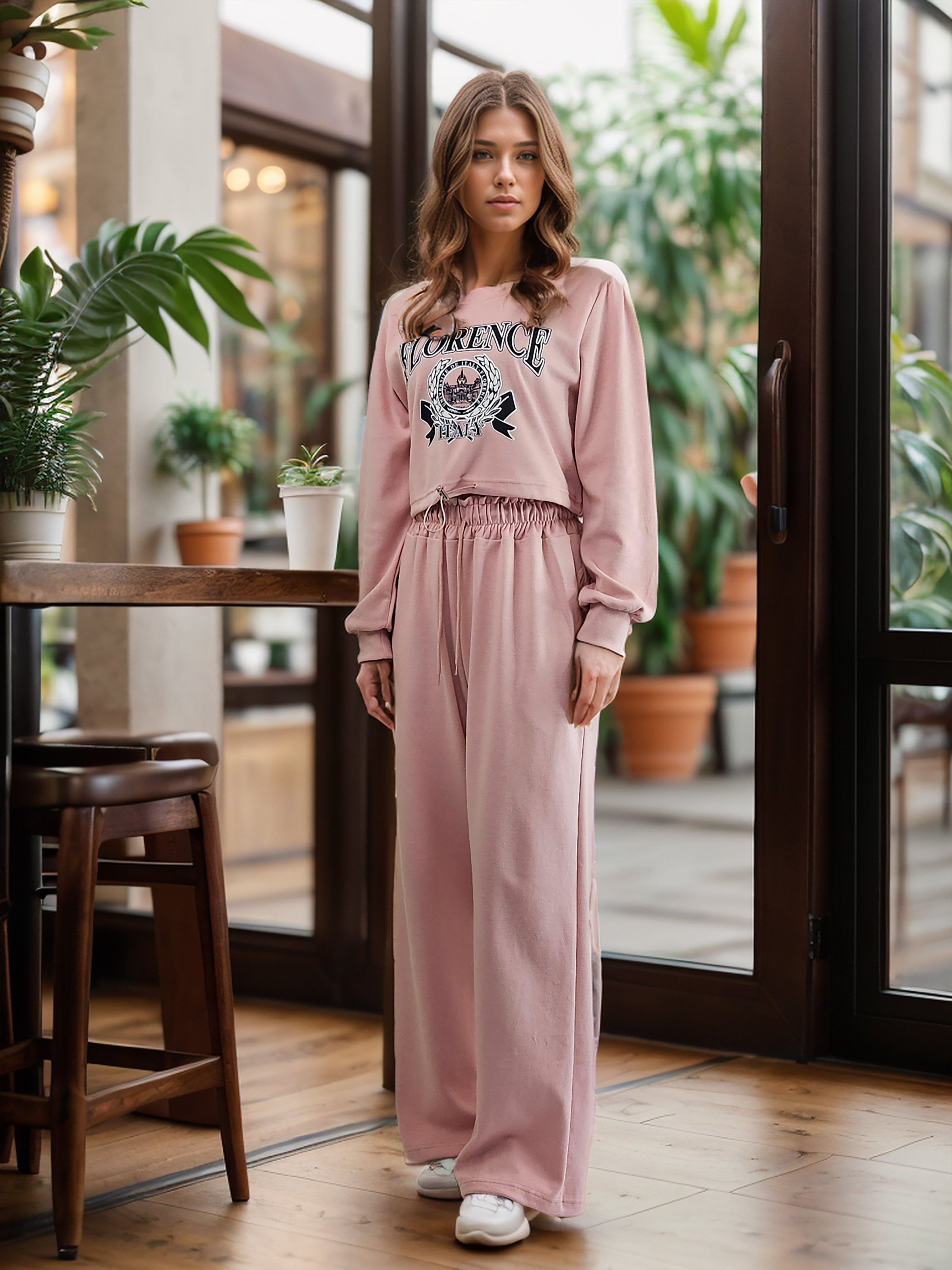 Chic Korean Set: Wide-Leg Pants with Front Lettering Crop Top (Made in Korea)