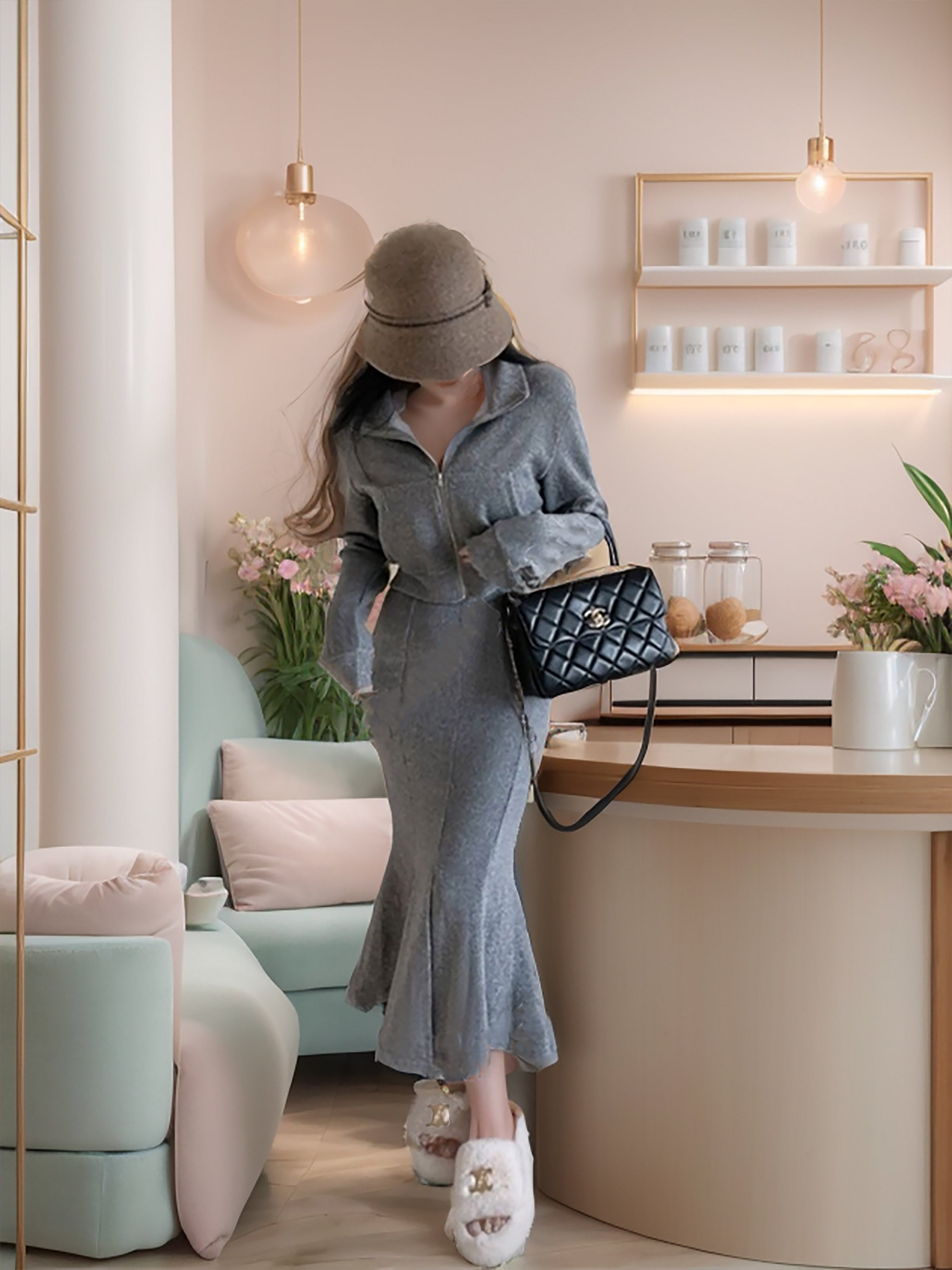 Stylish Zip-Front Jacket with High Waist Mermaid Skirt