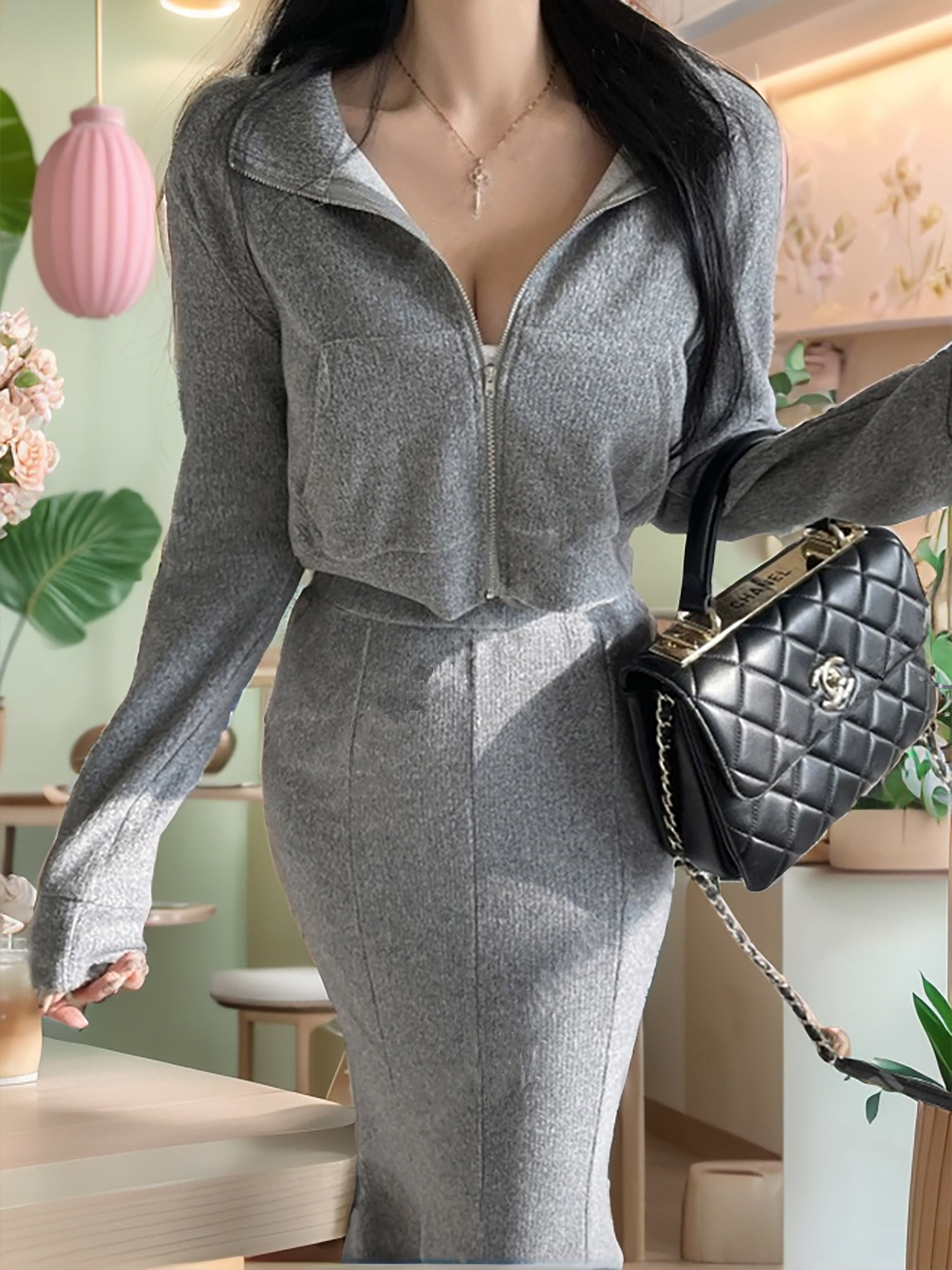 Stylish Zip-Front Jacket with High Waist Mermaid Skirt