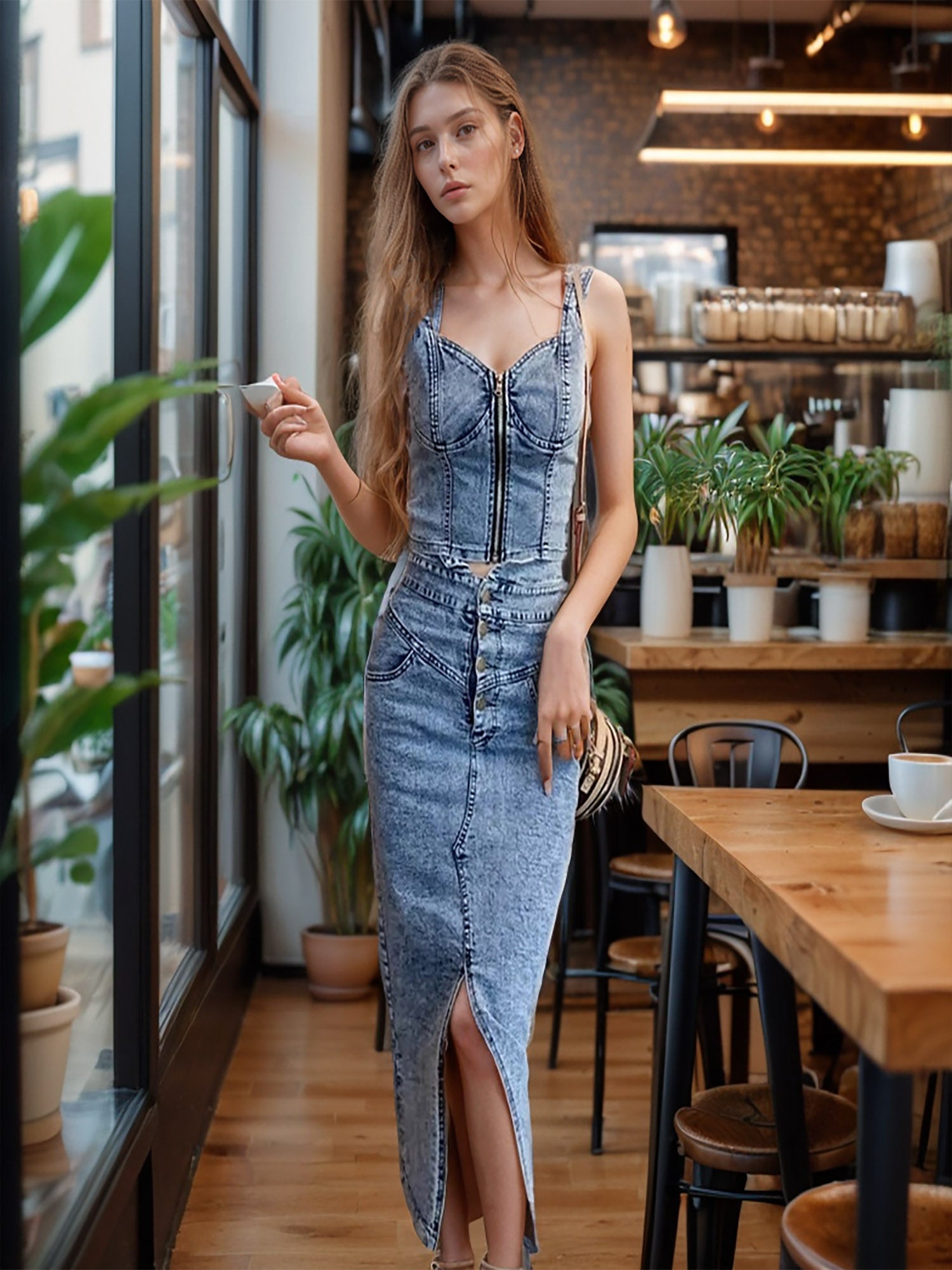 Casual Denim Glam 2-Piece: Denim Strap Crop Top with Zipper and High-Waisted Skirt