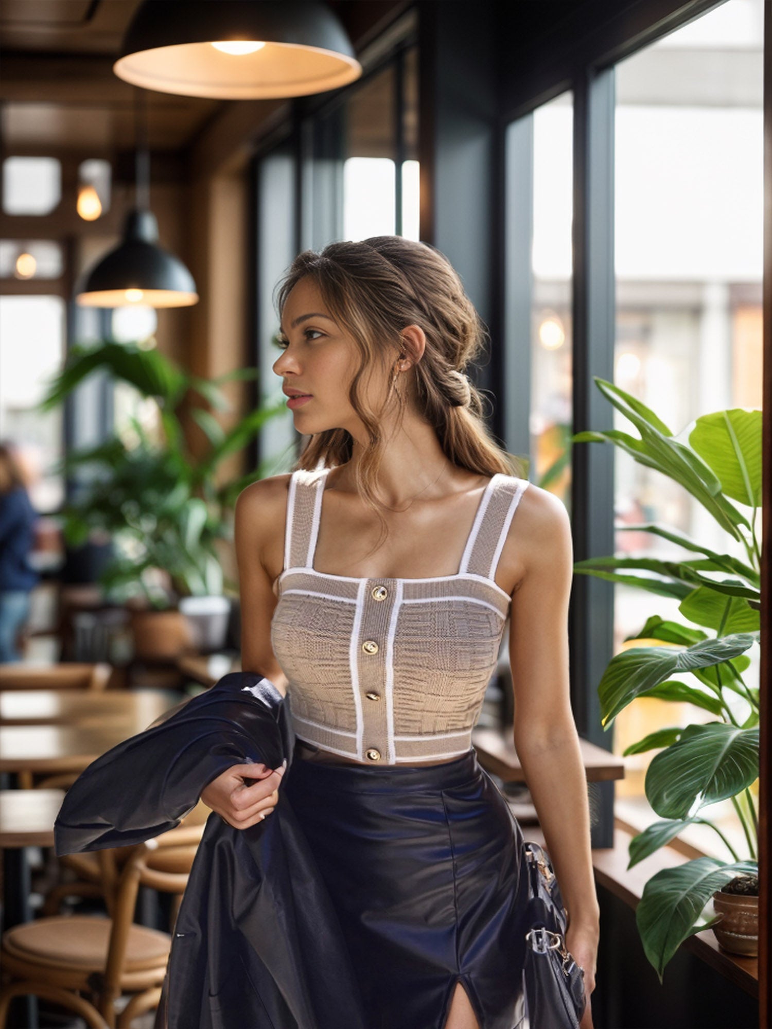 Chic Contrasts: Contrast Trim Sleeveless Crop Top with Gold Button