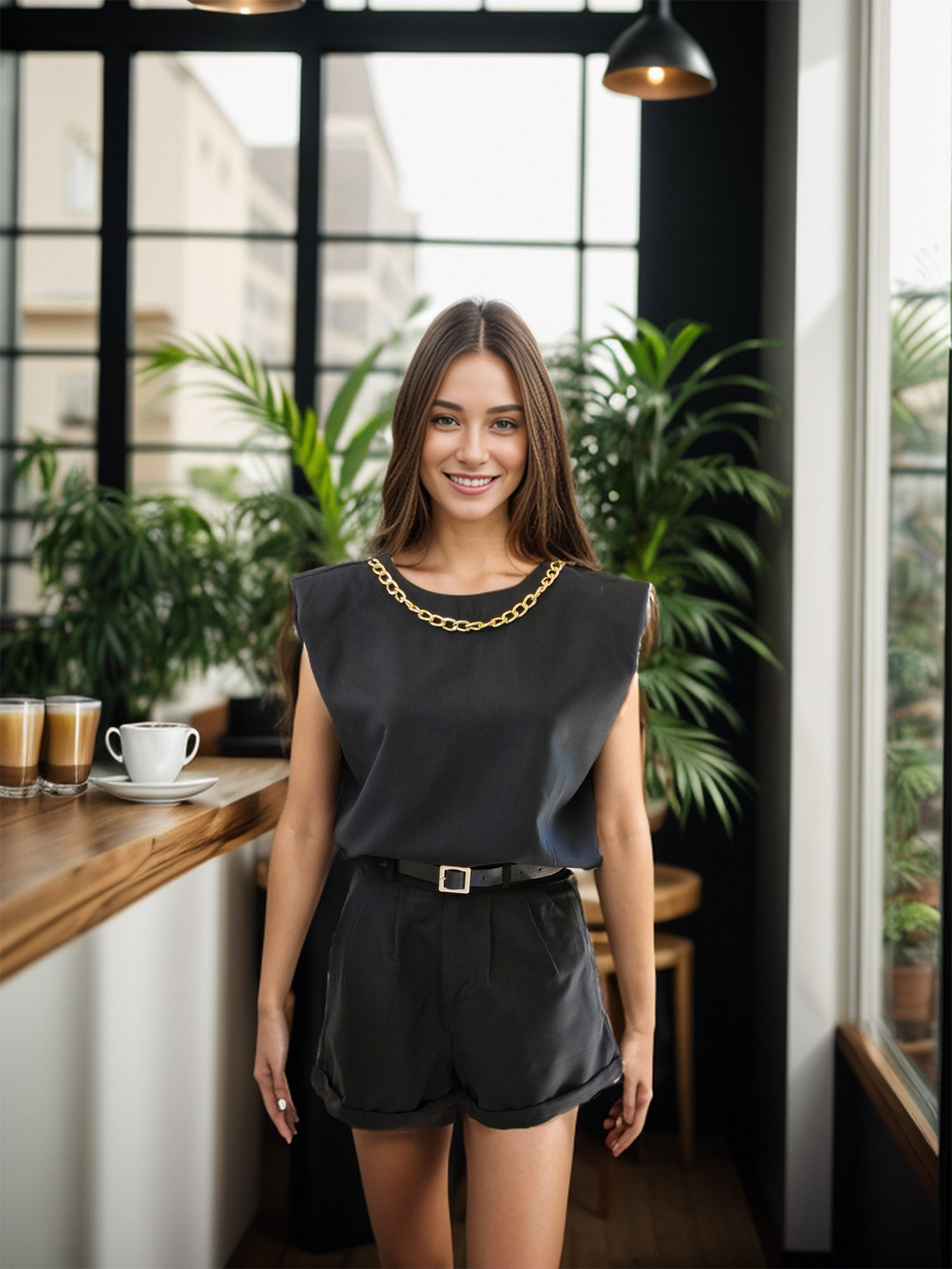 Elegant Casual 2-Piece Suit with Gold Chain Accent and Belt