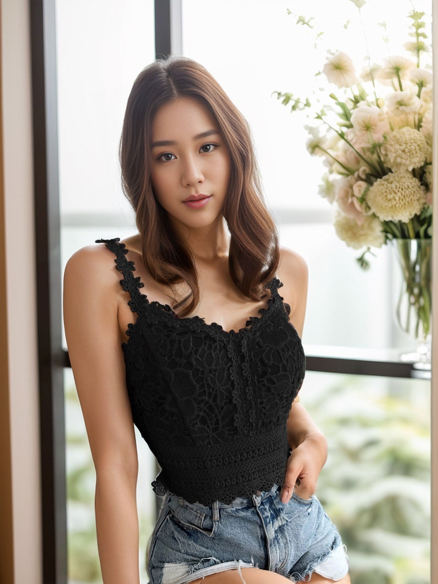 Romantic Whispers: Lace Spaghetti Strap Top with Frill Trim and Shirred Back