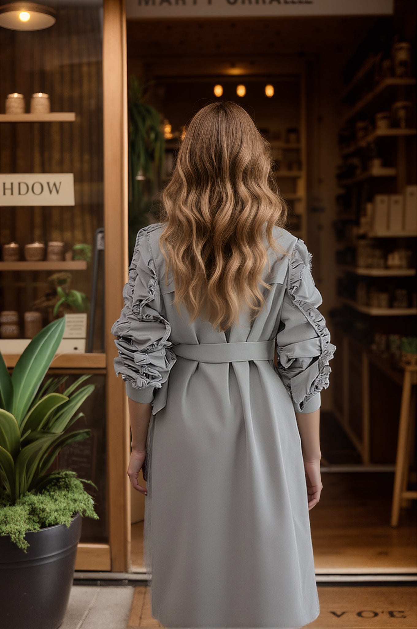 Trendy Ruched Puff Sleeve Trench Coat: Double-breasted with Waist Belt