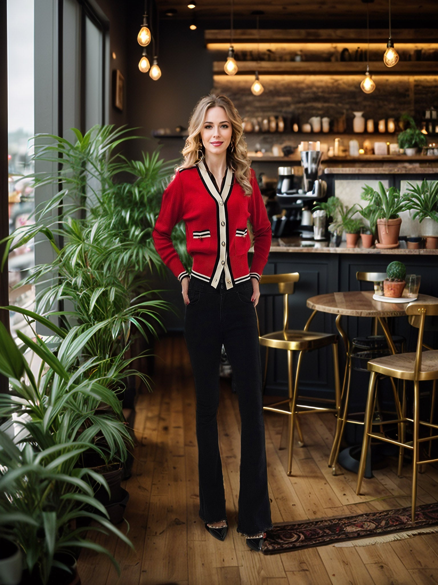 Elegant Red Cardigan with Black & Ivory Accents