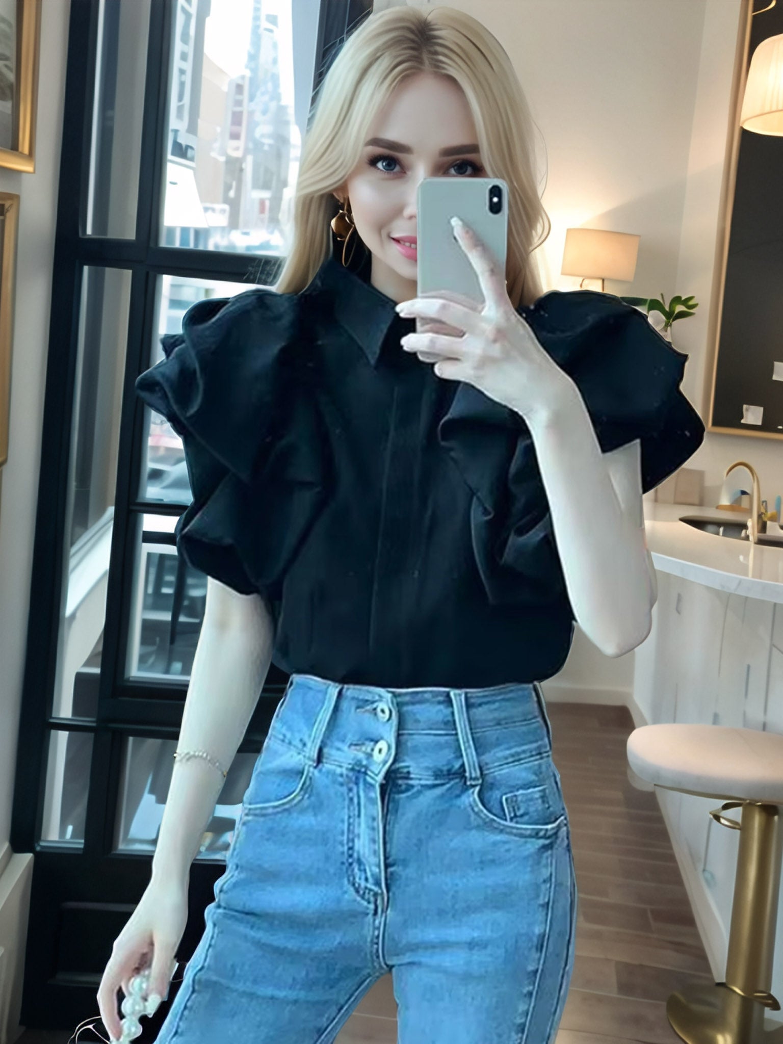 Vintage-Inspired Korean Ruffle Sleeve Blouse