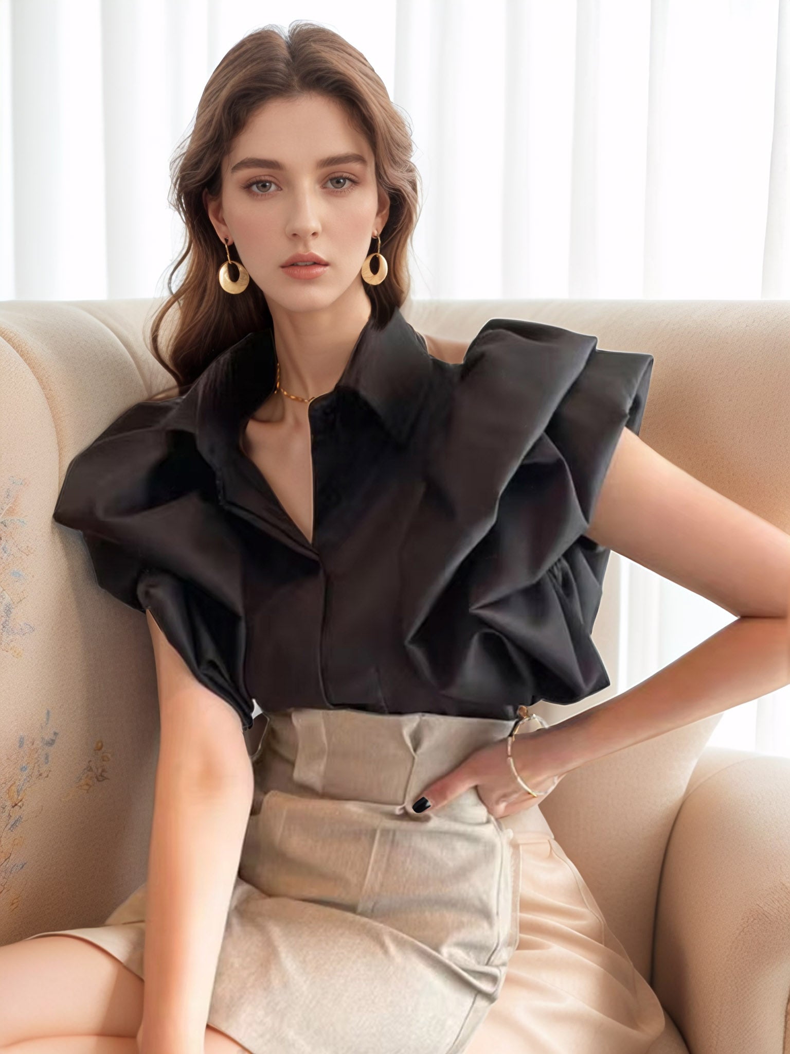 Vintage-Inspired Korean Ruffle Sleeve Blouse