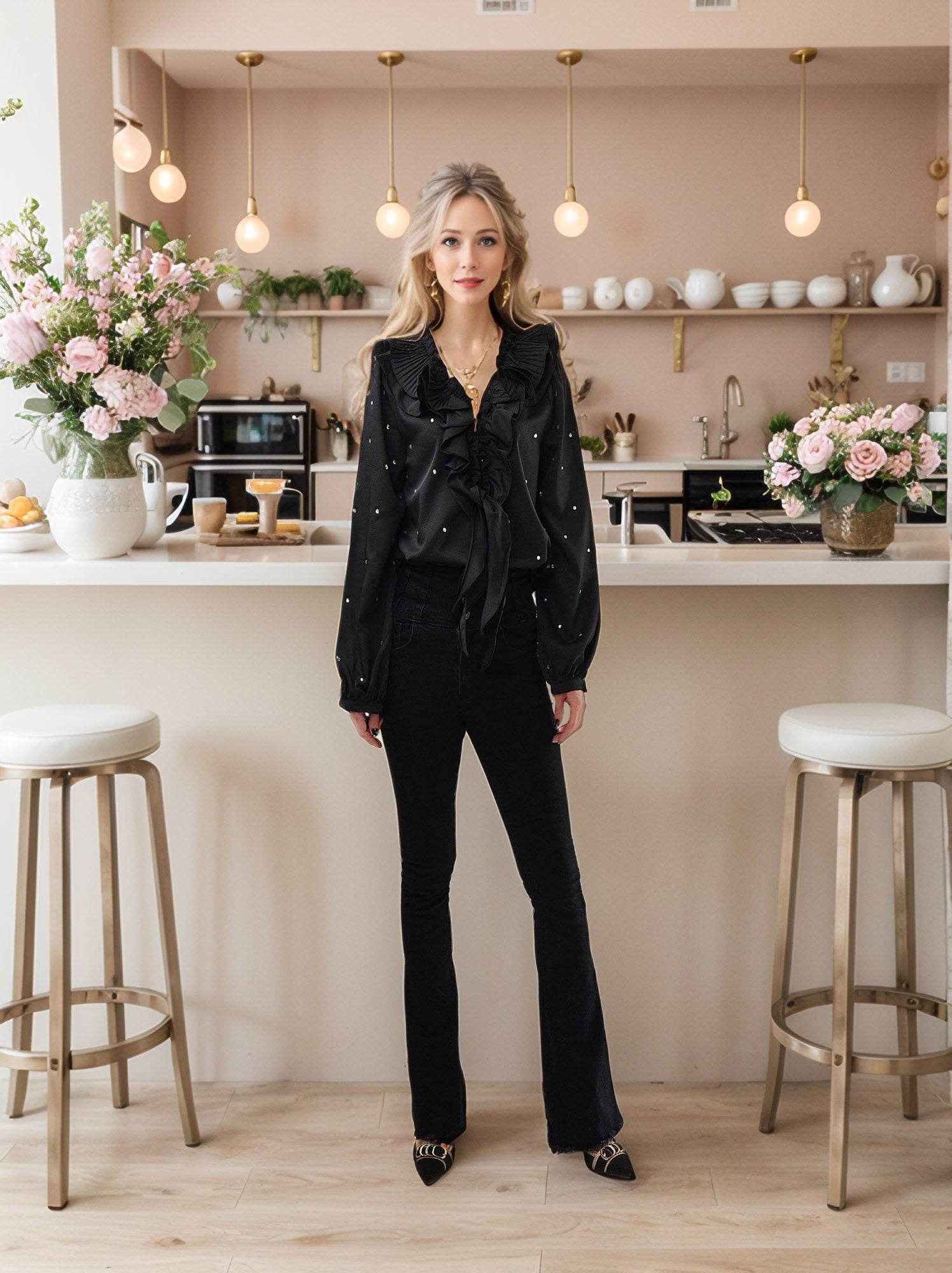 Glam Ruffle V-Neck Blouse with Sparkling Rhinestone Accents