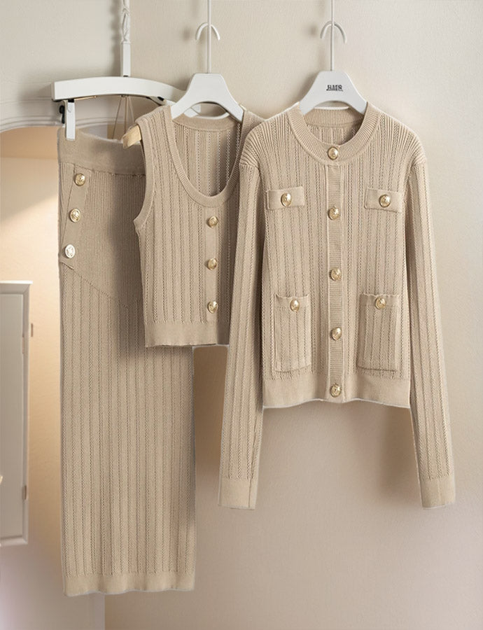 Luxurious Layers: Maxi Skirt, Sleeveless Top, and Buttoned Cardigan