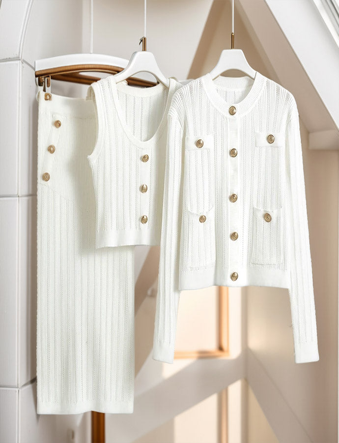 Luxurious Layers: Maxi Skirt, Sleeveless Top, and Buttoned Cardigan