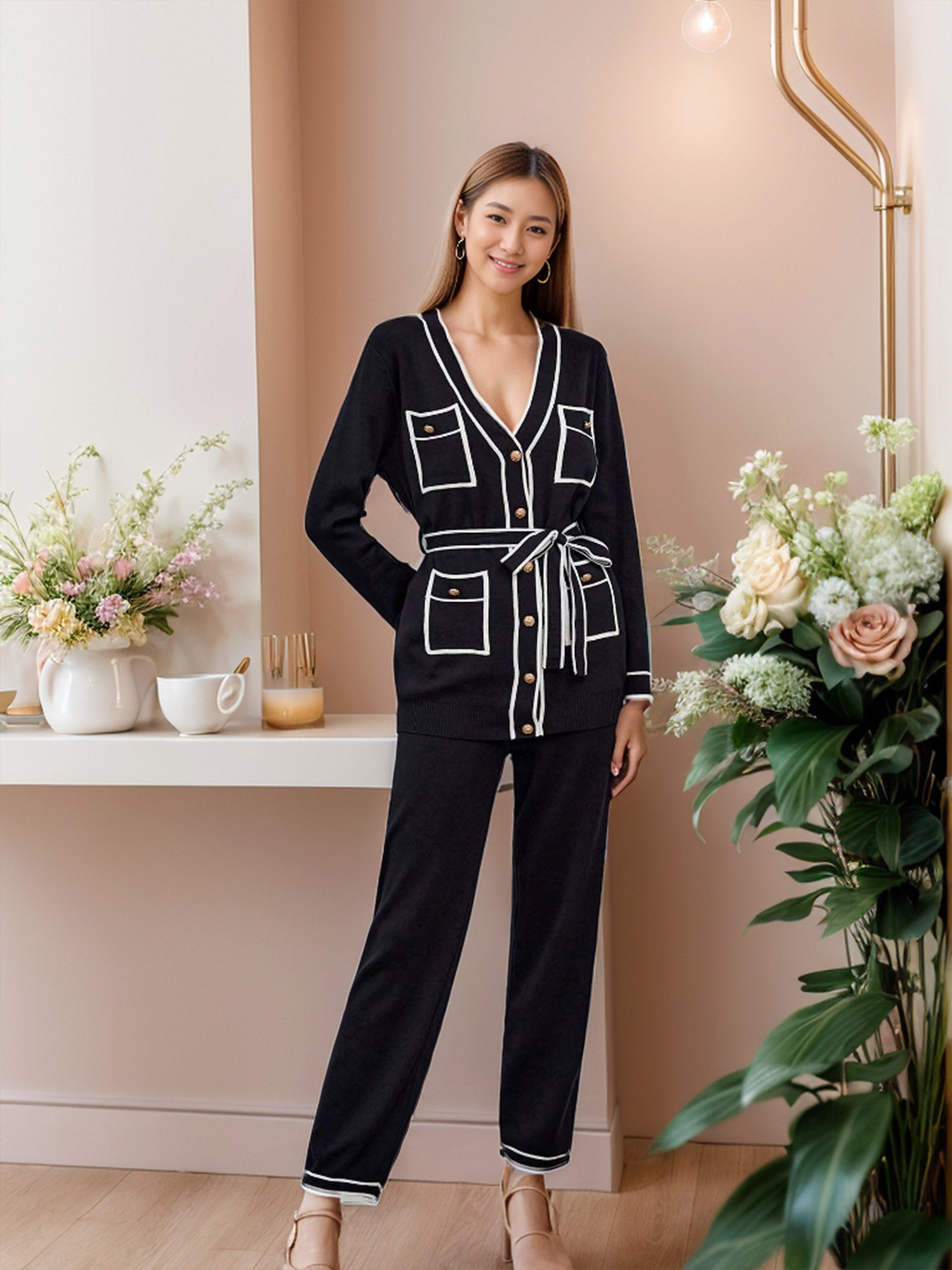 Modern Casual Knit Combo: V-Neck Cardigan & Straight Wide Leg Pants