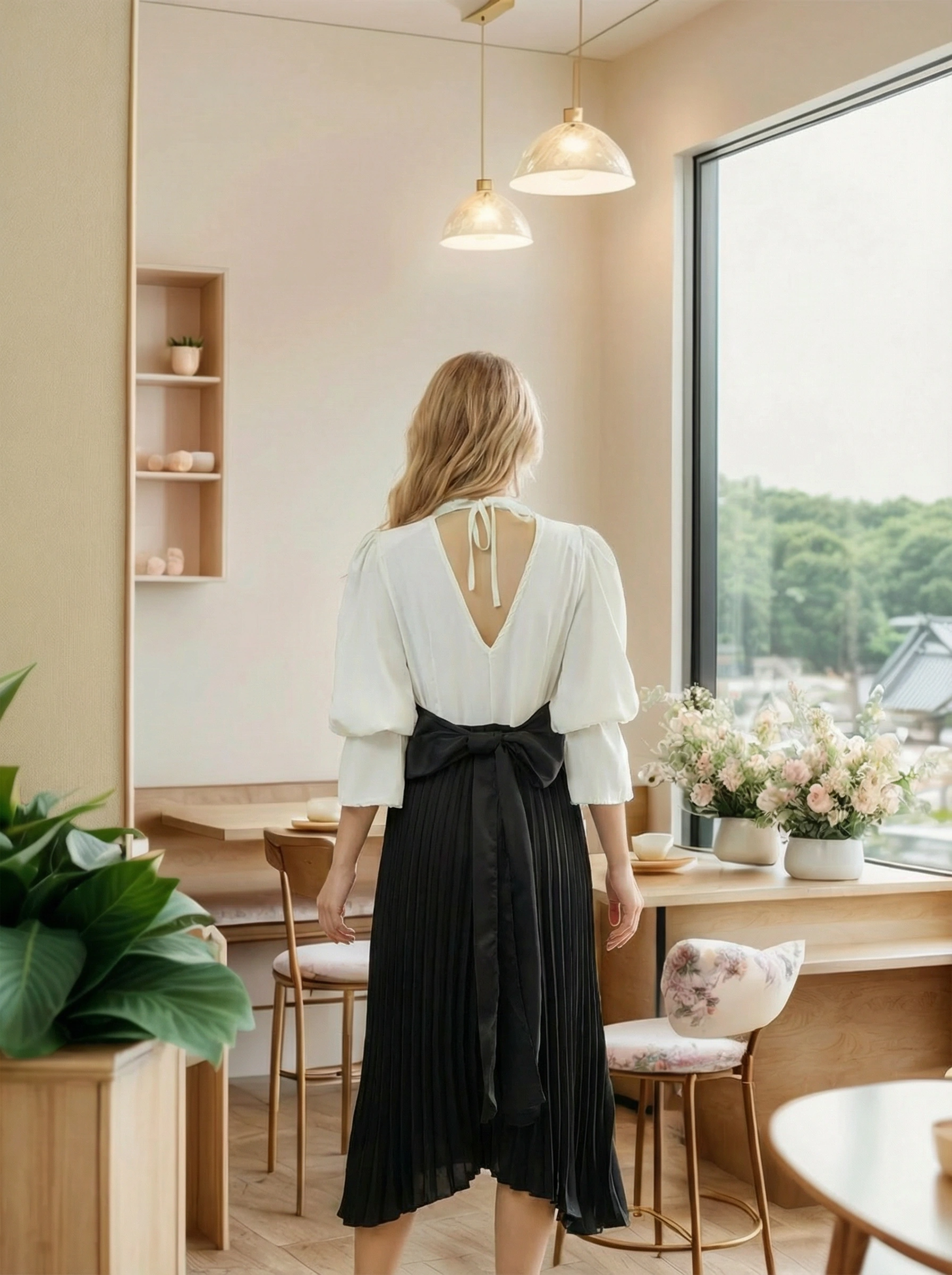 Graceful Drapes: V-Neck Chiffon Dress with Built-In String Belt