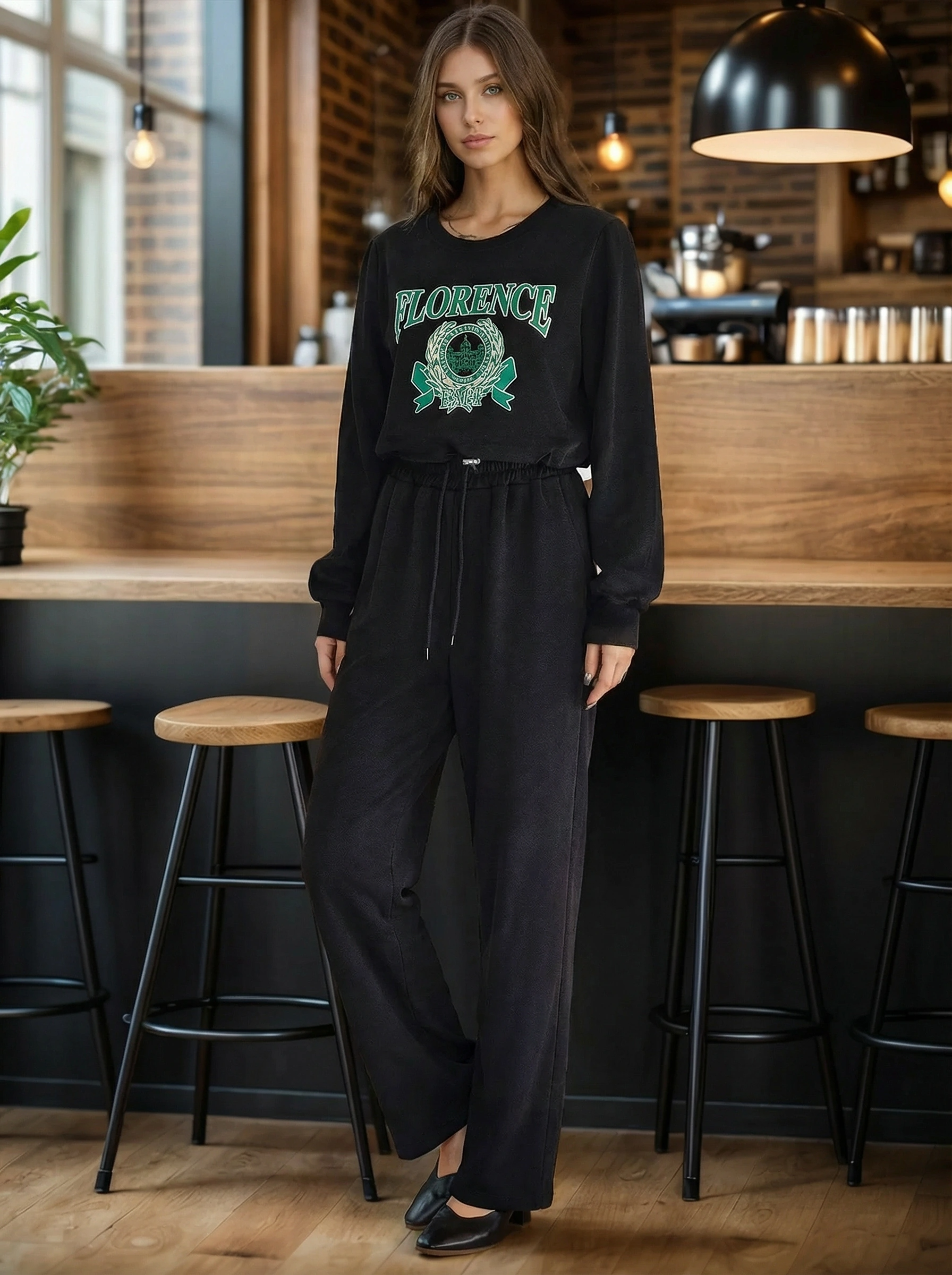 Chic Korean Set: Wide-Leg Pants with Front Lettering Crop Top (Made in Korea)