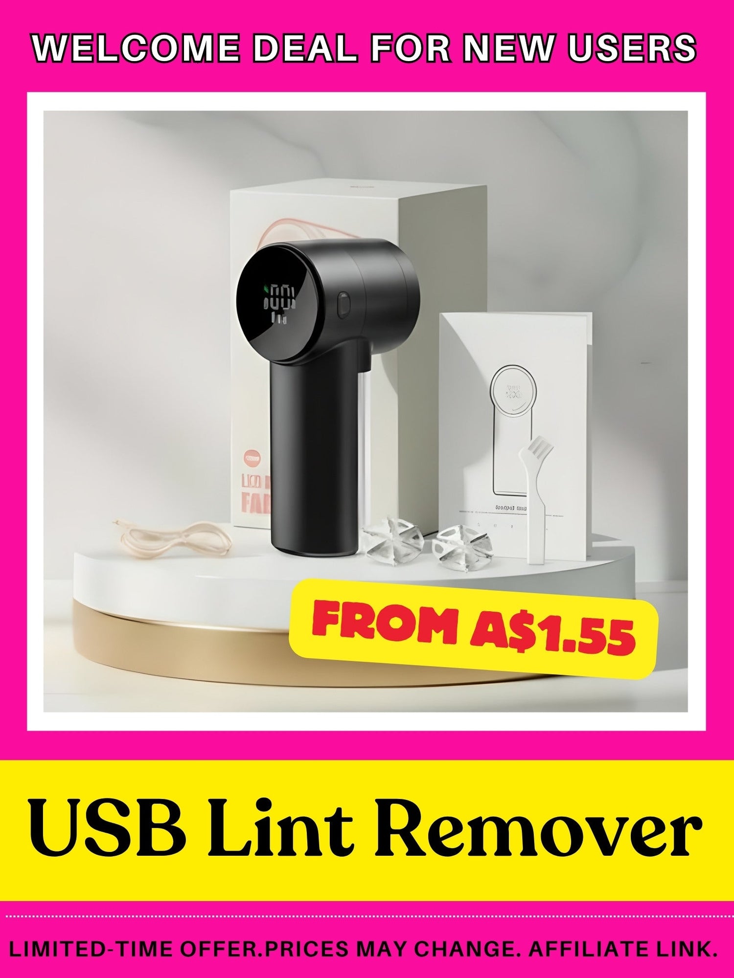 USB Lint Remover — LED Display, Rechargeable, 3 Speeds