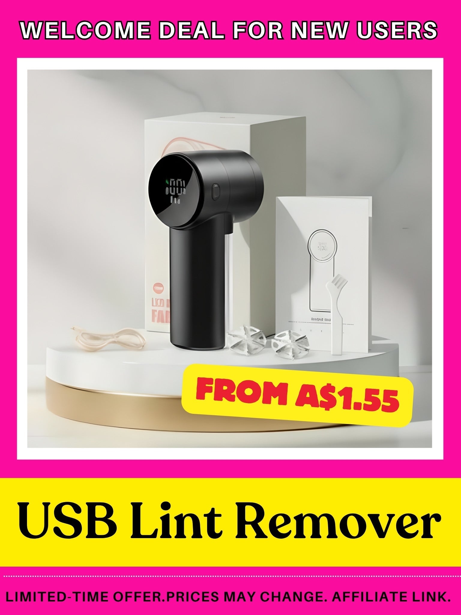 USB Lint Remover — LED Display, Rechargeable, 3 Speeds