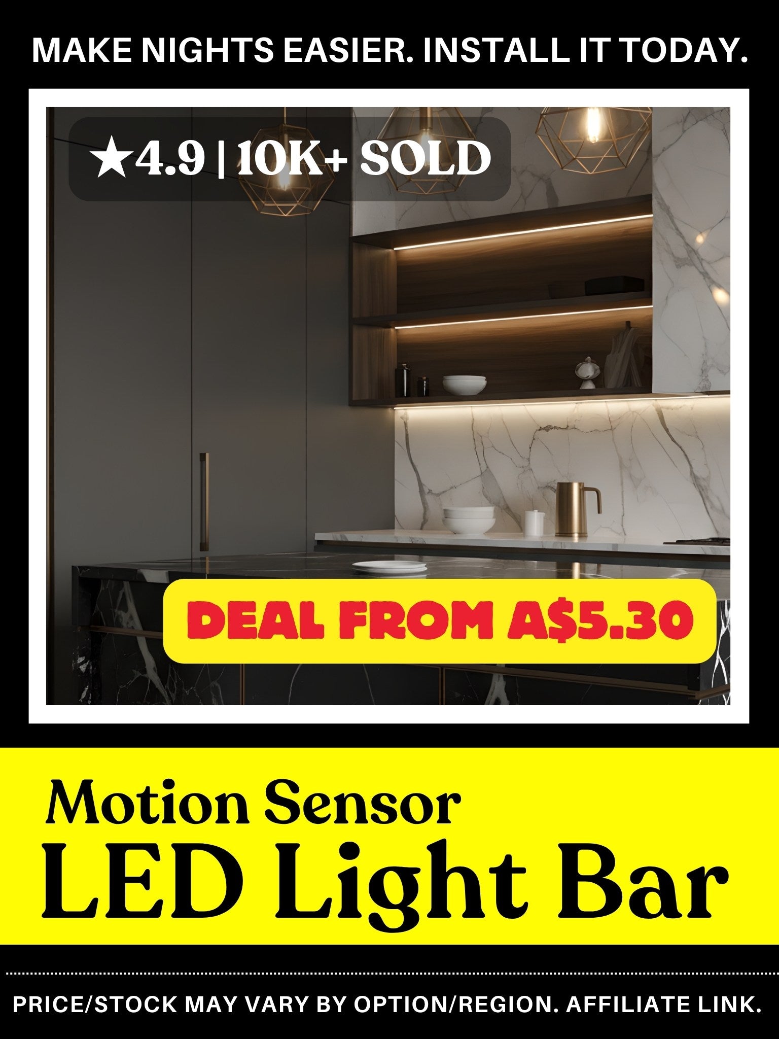 Motion Sensor LED Light Bar - no drill, 1-minute install, USB-C charge, and 3 colour temps