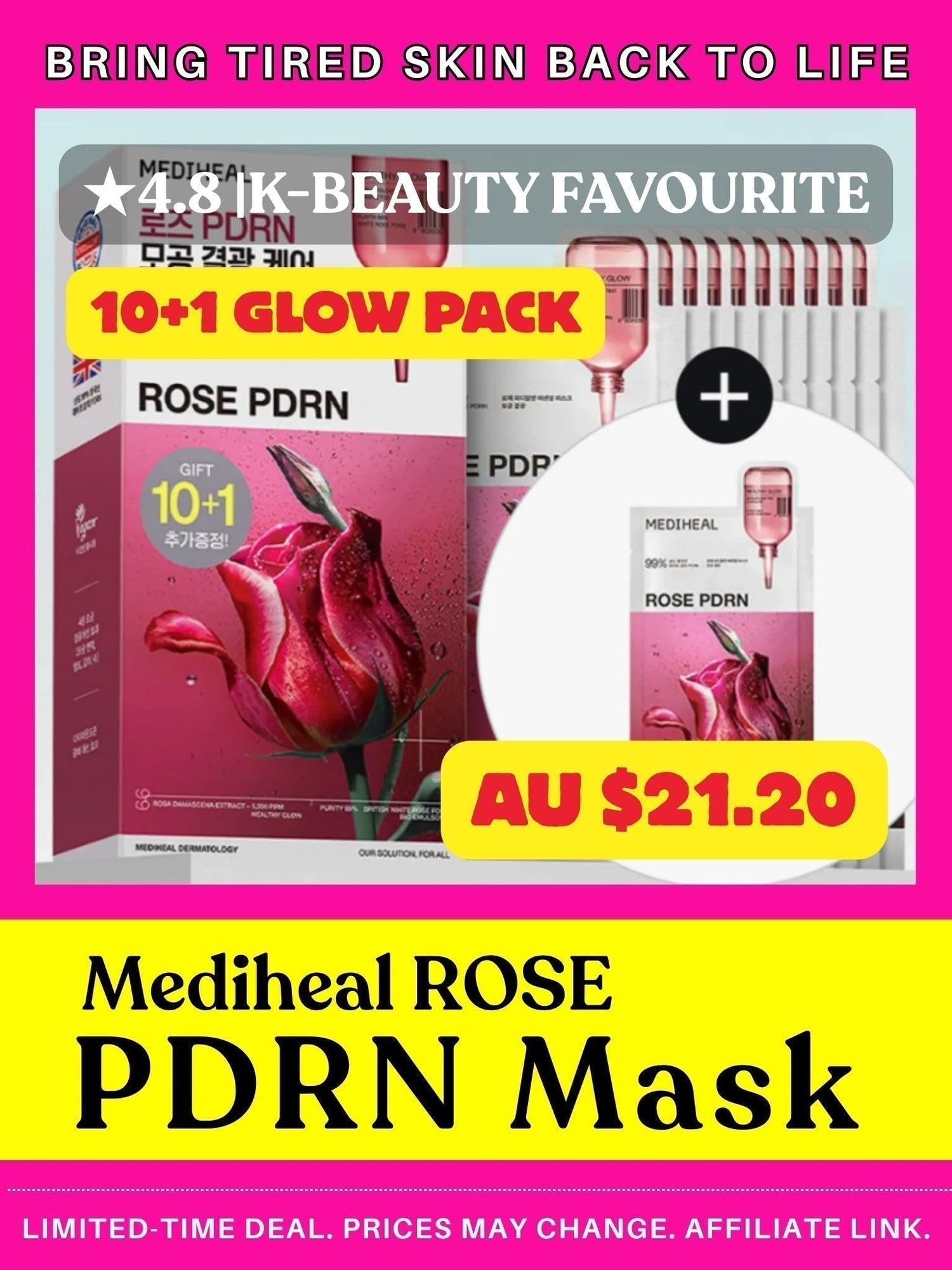 Mediheal ROSE PDRN Mask — 10+1 Glow Pack, Hydrating K-Beauty Sheet Mask