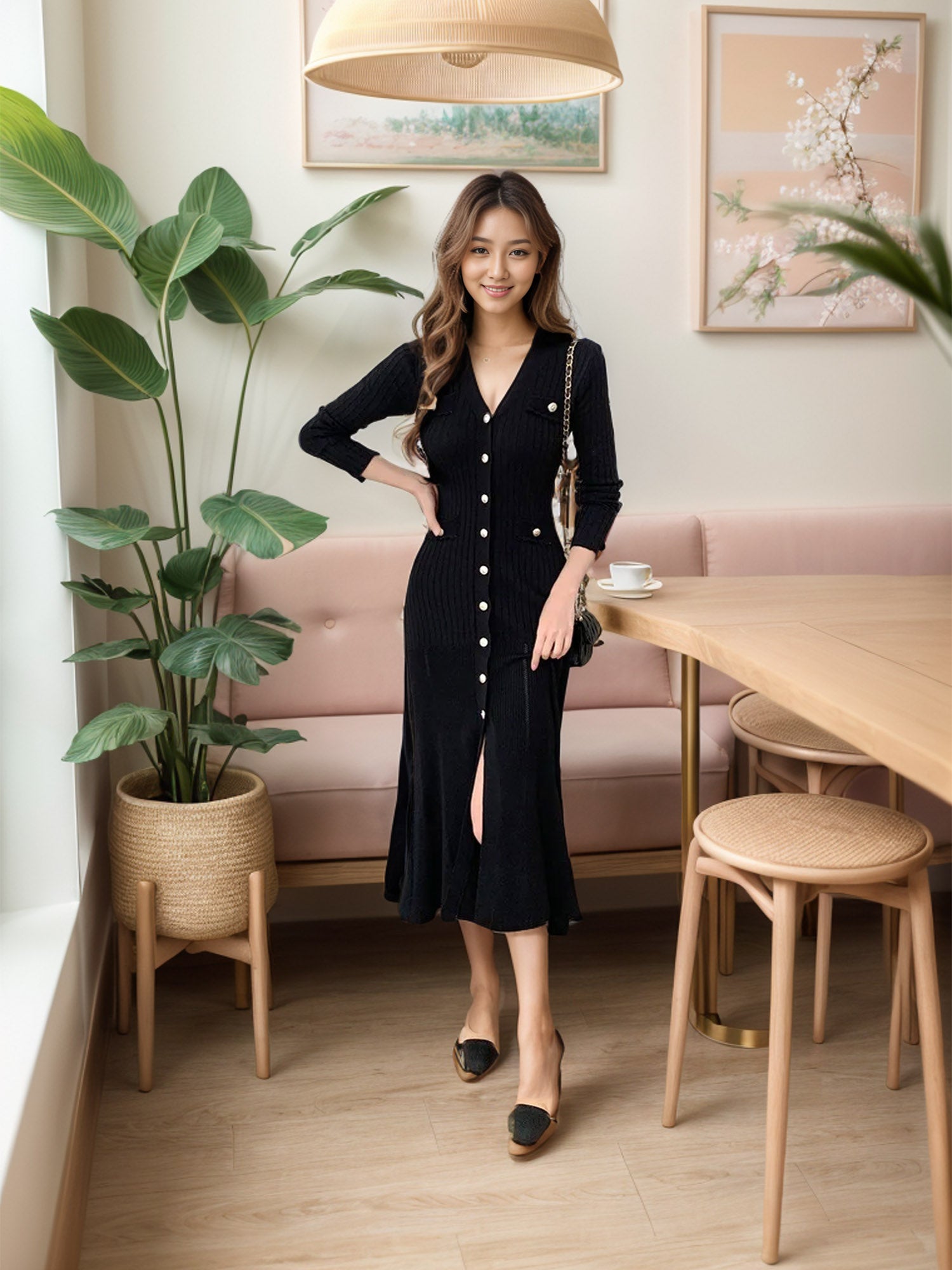 Modern Classic: Single-Breasted V-Neck Knitted Midi Dress with Silver Details