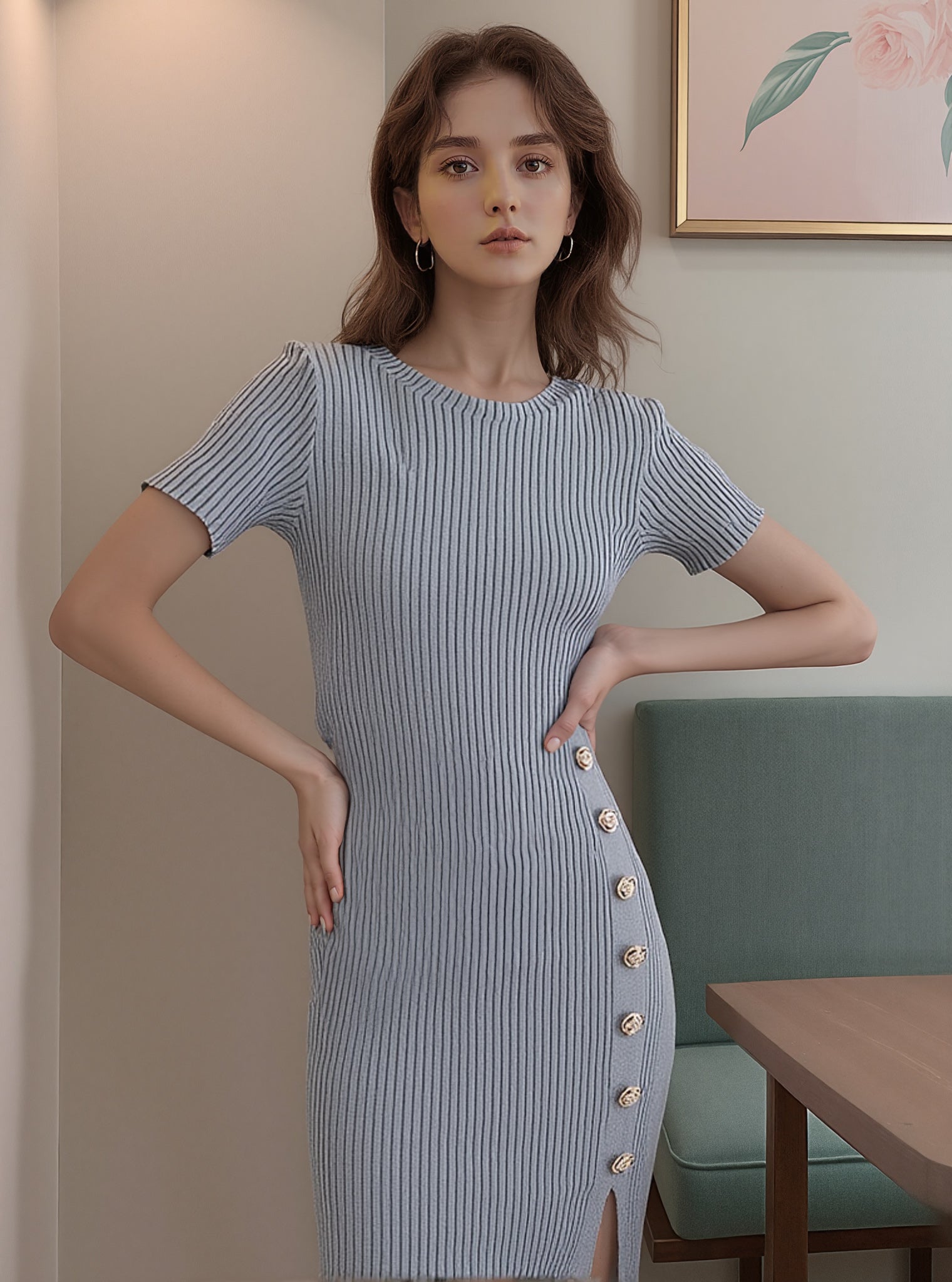 Casual Elegance: Empire Waist Pleated Knit Dress with Gold Button Accents