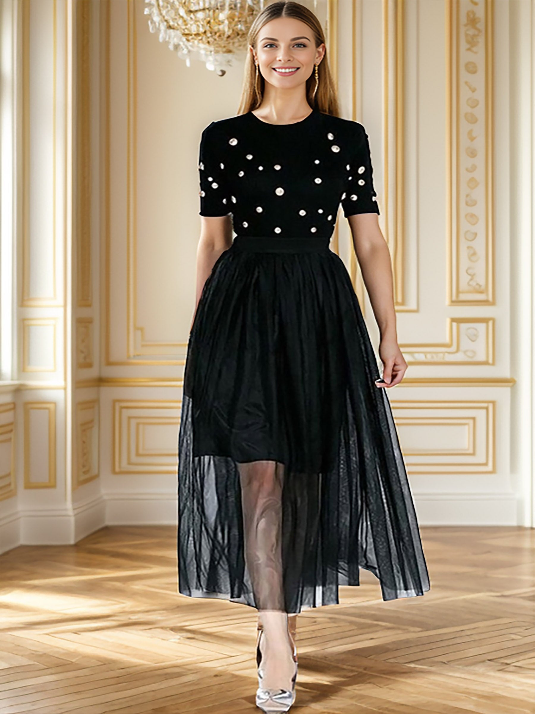 Glamorous Duo: High Waist Pleated Mesh Skirt with Short Sleeve Knit Top