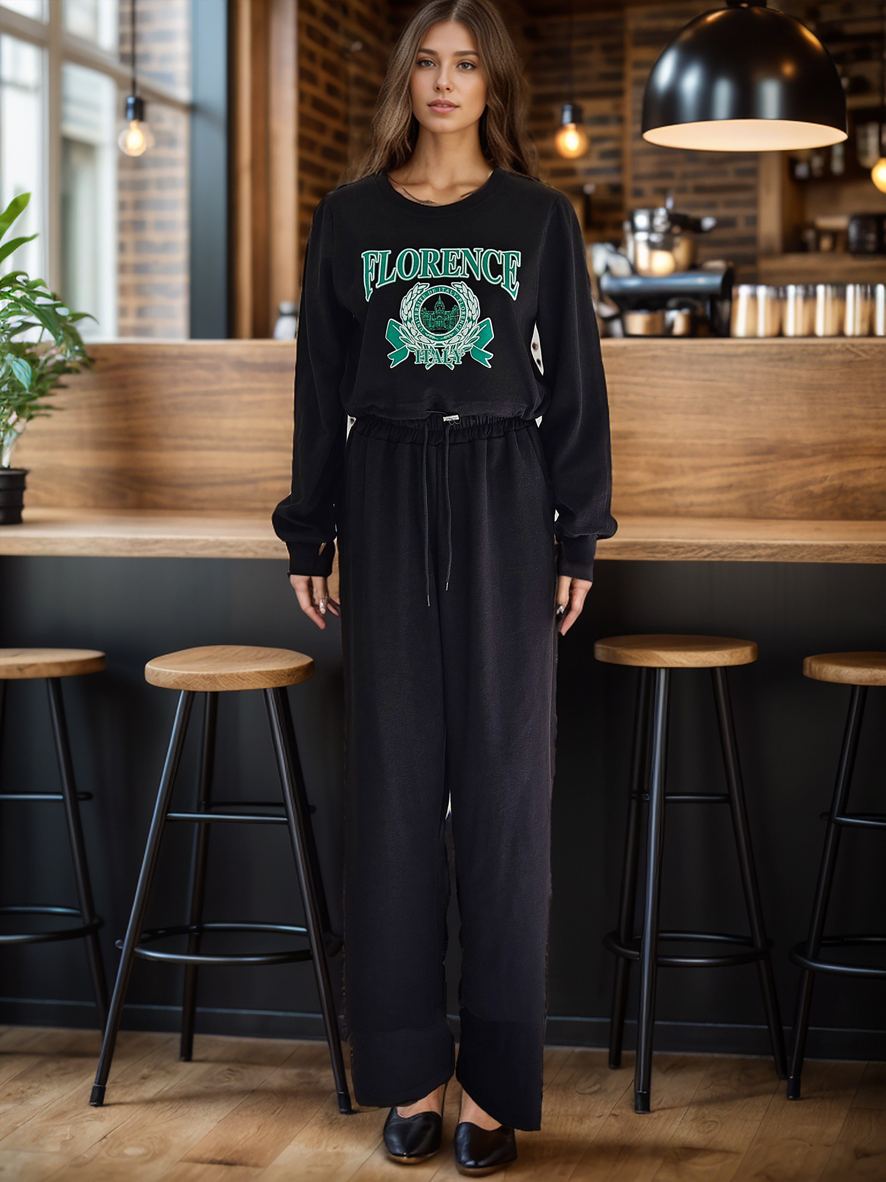 Chic Korean Set: Wide-Leg Pants with Front Lettering Crop Top (Made in Korea)
