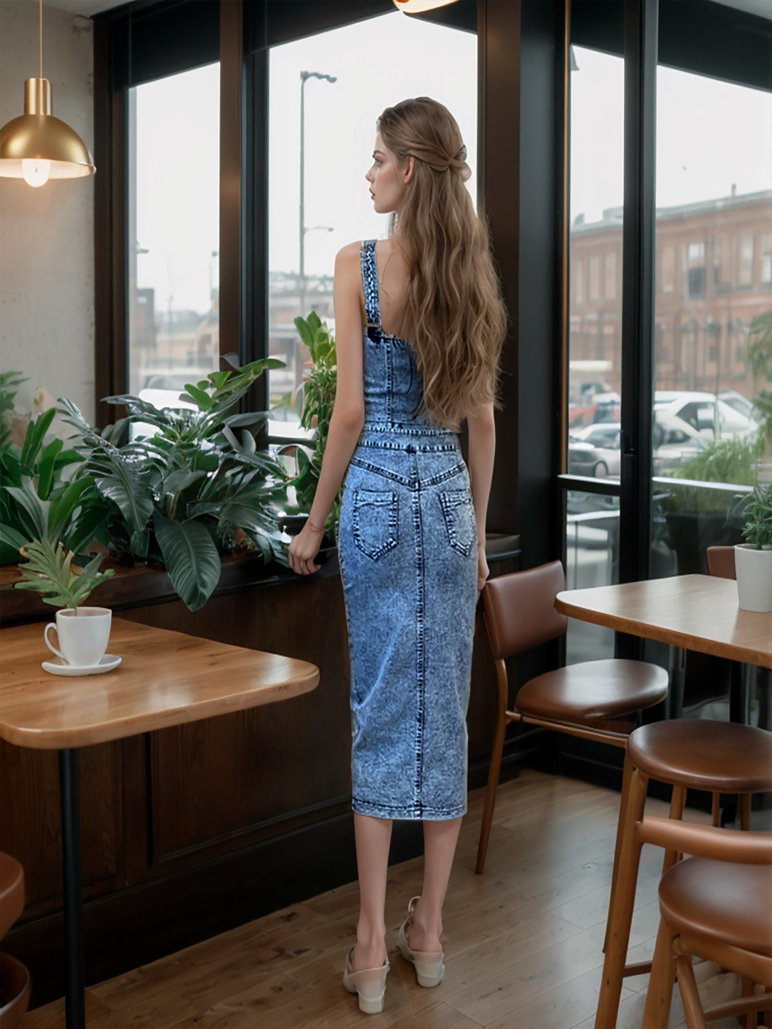 Casual Denim Glam 2-Piece: Denim Strap Crop Top with Zipper and High-Waisted Skirt