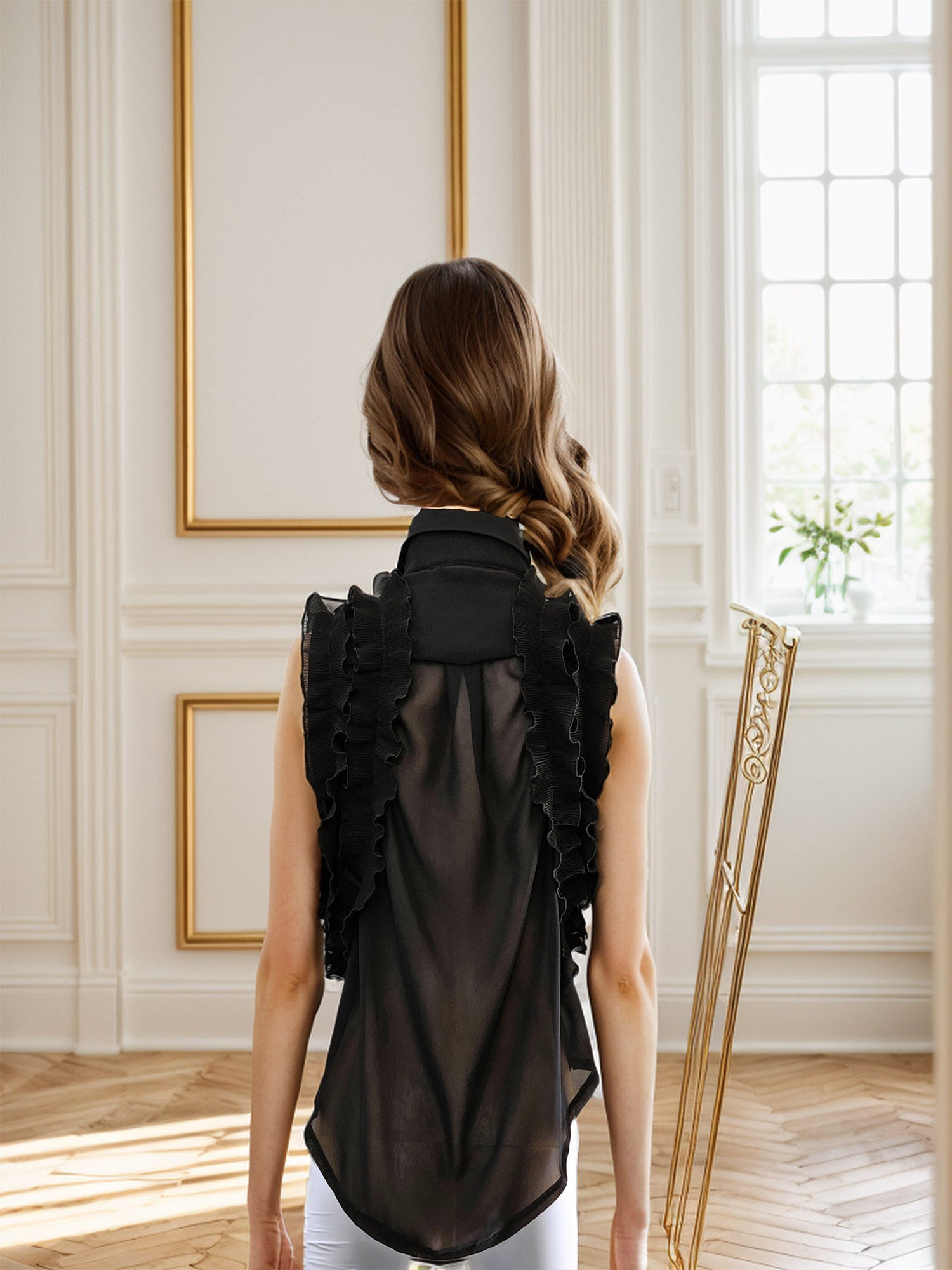 Graceful Glamour: Ruffled Chiffon Blouse with Rhinestones and Pearl Chain
