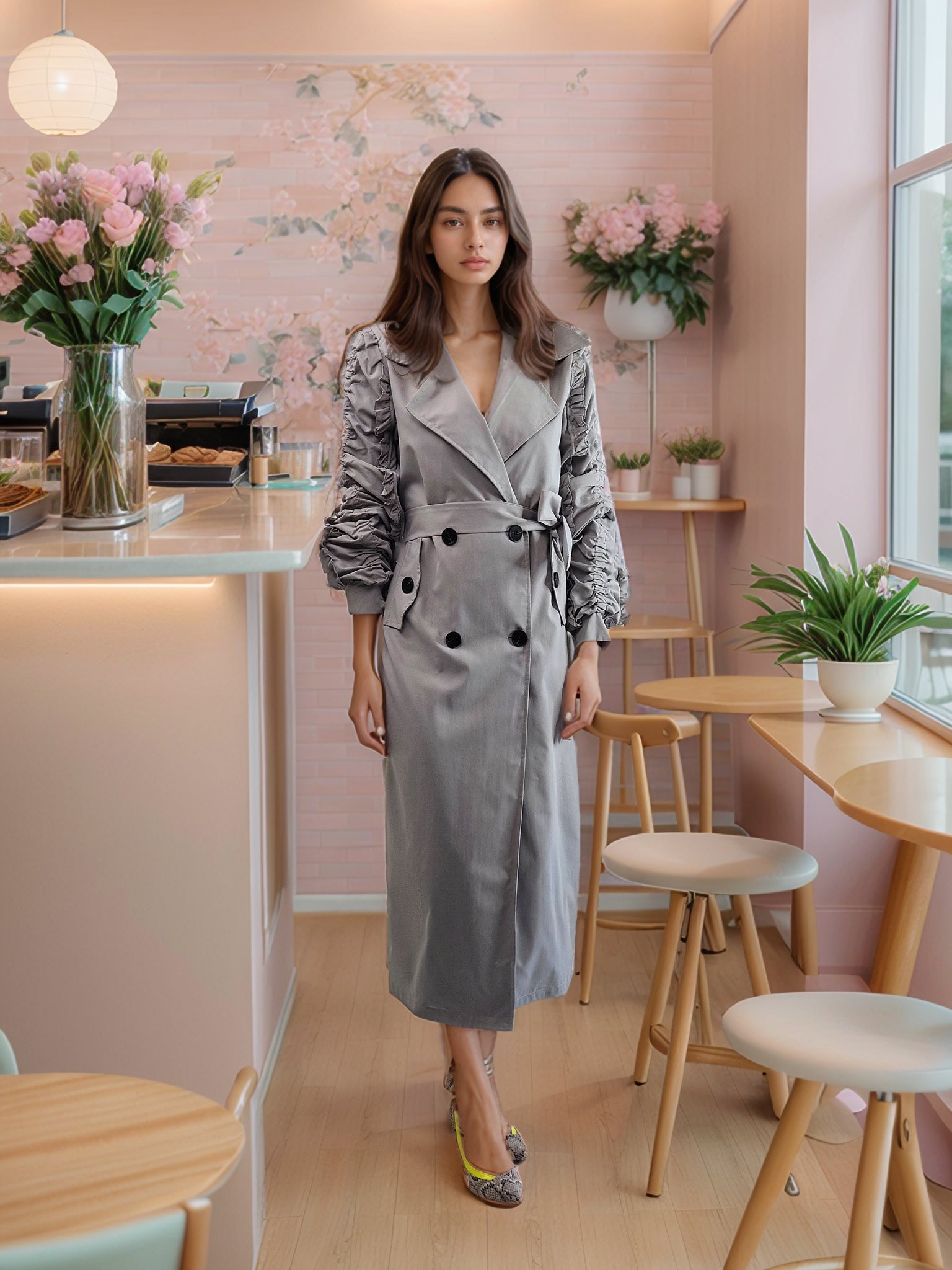 Trendy Ruched Puff Sleeve Trench Coat: Double-breasted with Waist Belt