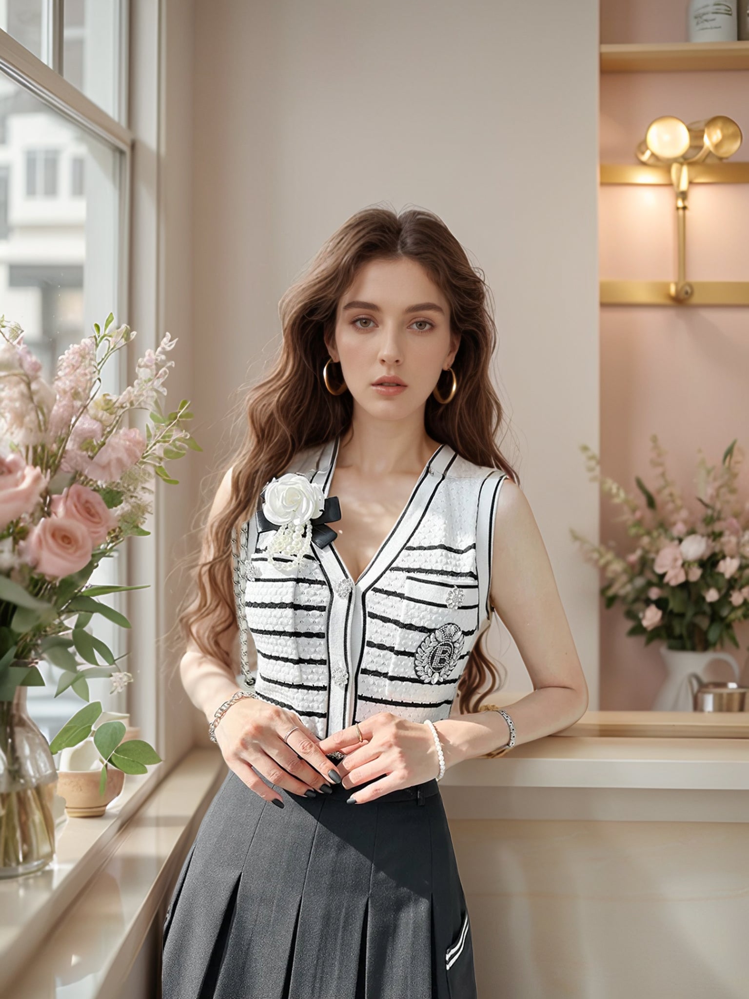 Luxe Striped Vest with Detachable Flower Brooch & Jewel Buttons