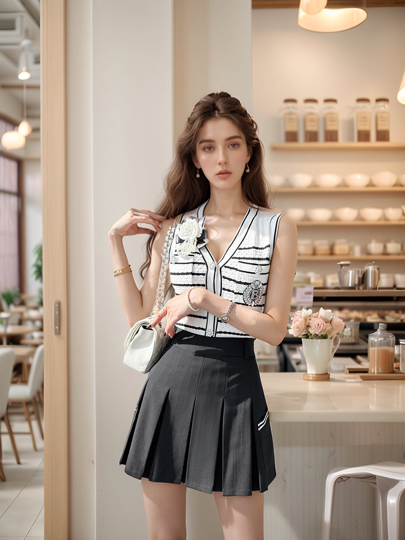 Luxe Striped Vest with Detachable Flower Brooch & Jewel Buttons